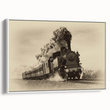 Vintage poster art of a colorful train on a black background, presented in a large white-framed canvas.