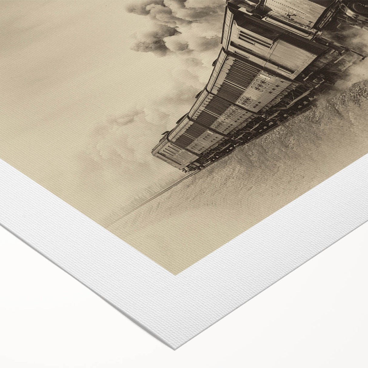 Art deco poster of a vintage train in muted metallic hues on rolled canvas, suitable for dining room decor.