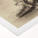 Art deco poster of a vintage train in muted metallic hues on rolled canvas, suitable for dining room decor.