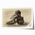 Rolled print of a vintage train in muted browns and grays, suitable for art wall dining room.