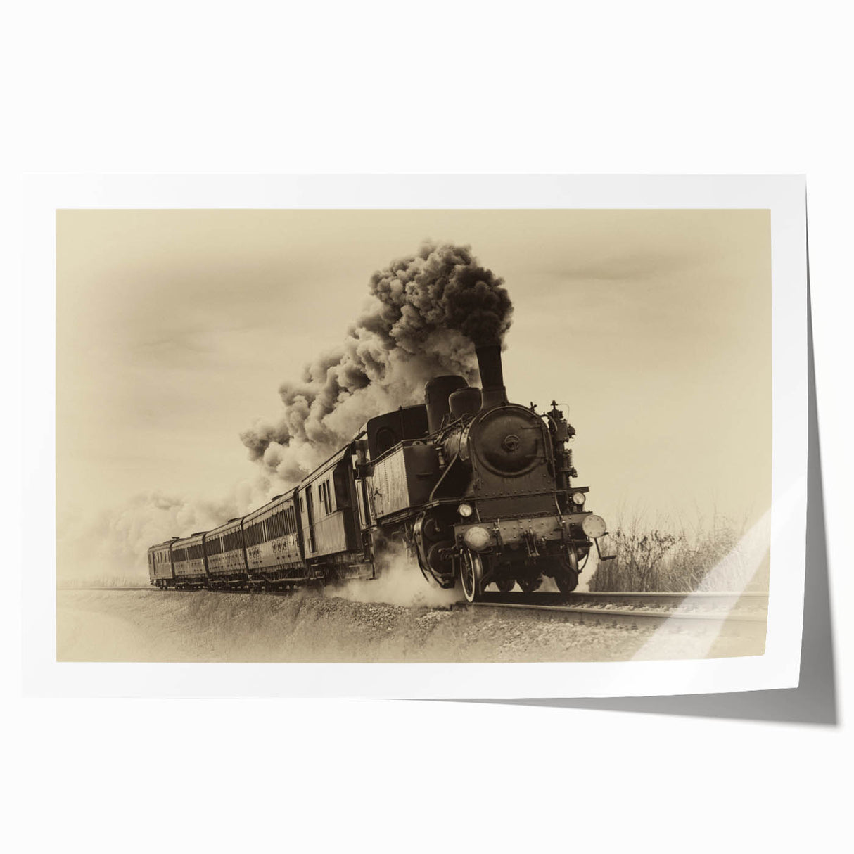Rolled print of a vintage train in muted browns and grays, suitable for art wall dining room.