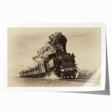 Rolled print of a vintage train in muted browns and grays, suitable for art wall dining room.