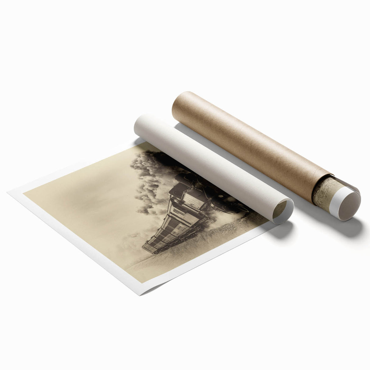 Extra large rolled print of a vintage train in muted earth tones, ideal for classy bathroom wall art.