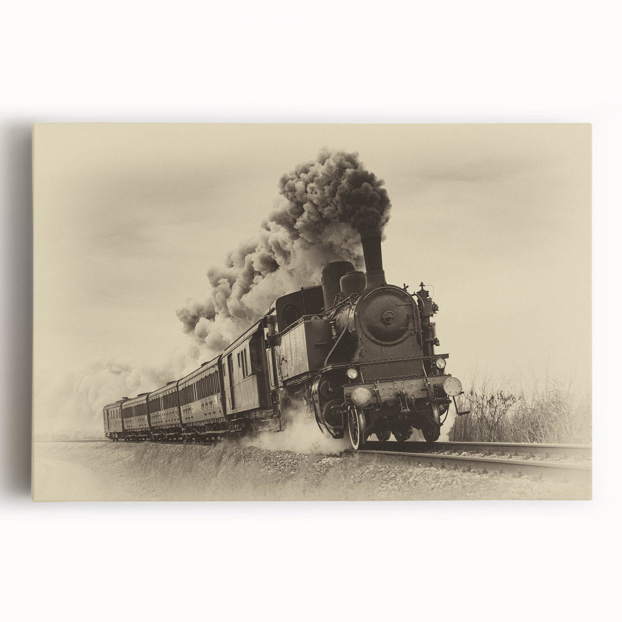 Black and white photo of a vintage train on stretched canvas, ideal for kitchen wall art.