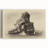 Black and white photo of a vintage train on stretched canvas, ideal for kitchen wall art.