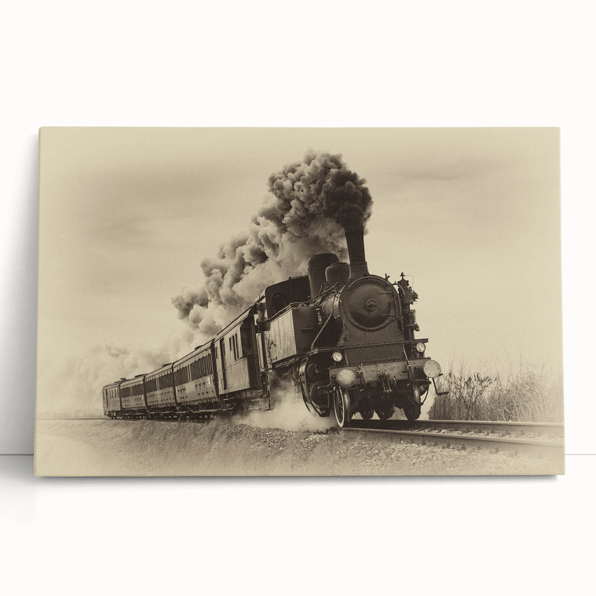 Black and white photo of a vintage train on stretched canvas, suitable for kitchen wall art or bedroom decor.