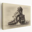 Side view of a vintage train in muted earth tones on a stretched canvas, suitable for kitchen wall art.