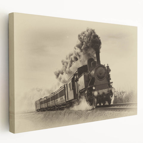 Side view of a vintage train in muted earth tones on a stretched canvas, suitable for kitchen wall art.