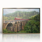 Mid-century modernist train illustration in muted earth tones on a framed acrylic, suitable for nursery wall art.