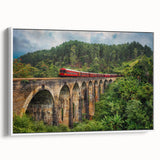 Vintage poster art of a colorful train on a black background, framed canvas, ideal for living room decor.