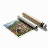 Extra large wall art featuring a detailed train illustration on a rolled print, set in muted earth tones.