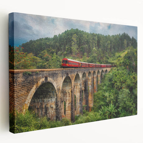 Large art depicting a vintage train in muted earth tones on a stretched canvas, ideal for kitchen wall decor.