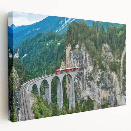Side view of a vintage train print in muted earth tones on stretched canvas, suitable for kitchen wall art.