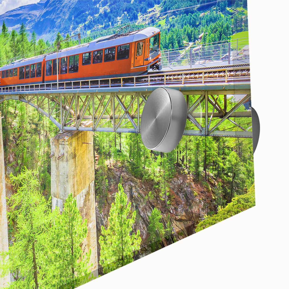 Mid-century modernist train art in muted earth tones on large acrylic glass, ideal for dining room art.