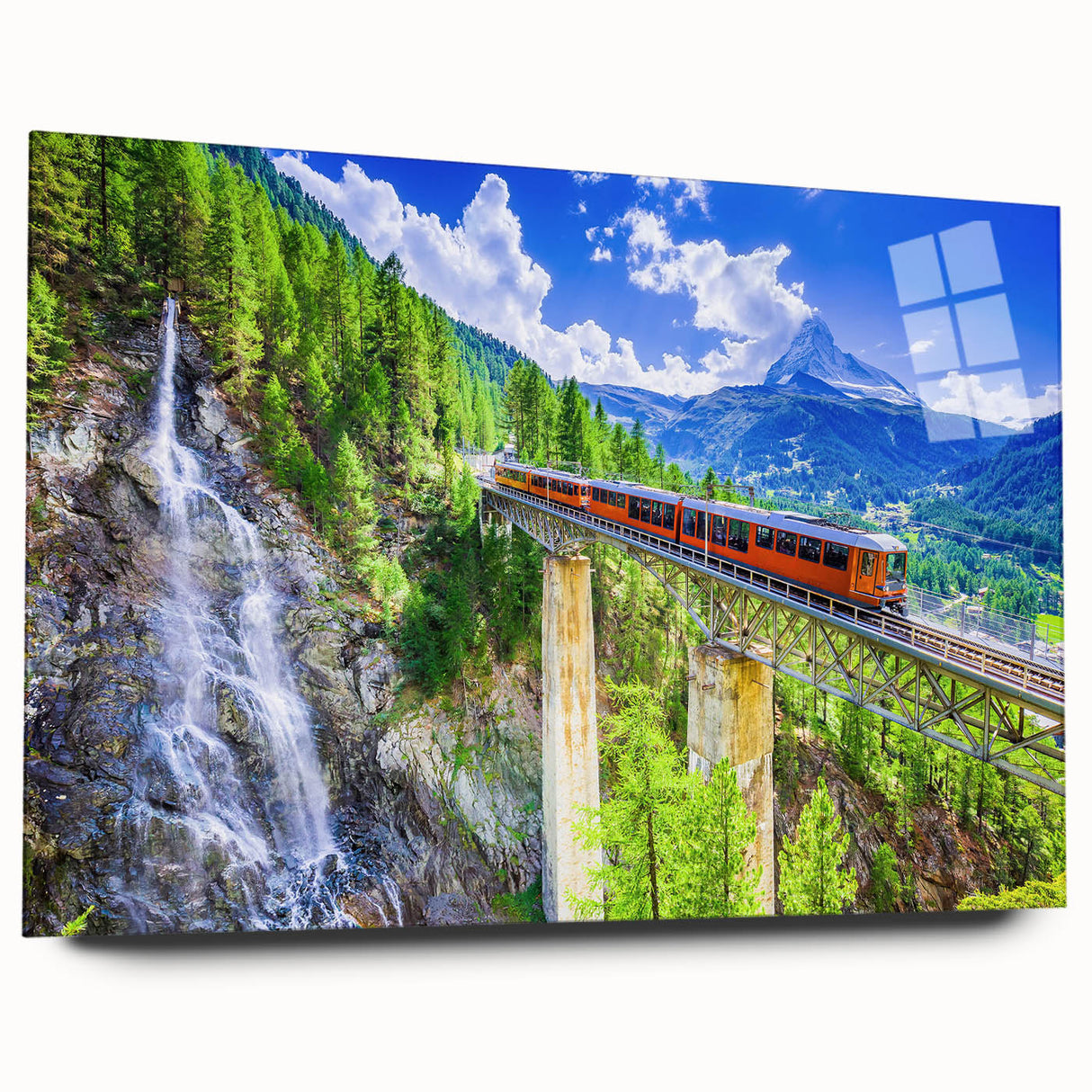 Side view of a large abstract train print in vibrant blue and orange on acrylic glass, ideal for bedroom or dining room art.