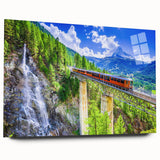 Side view of a large abstract train print in vibrant blue and orange on acrylic glass, ideal for bedroom or dining room art.