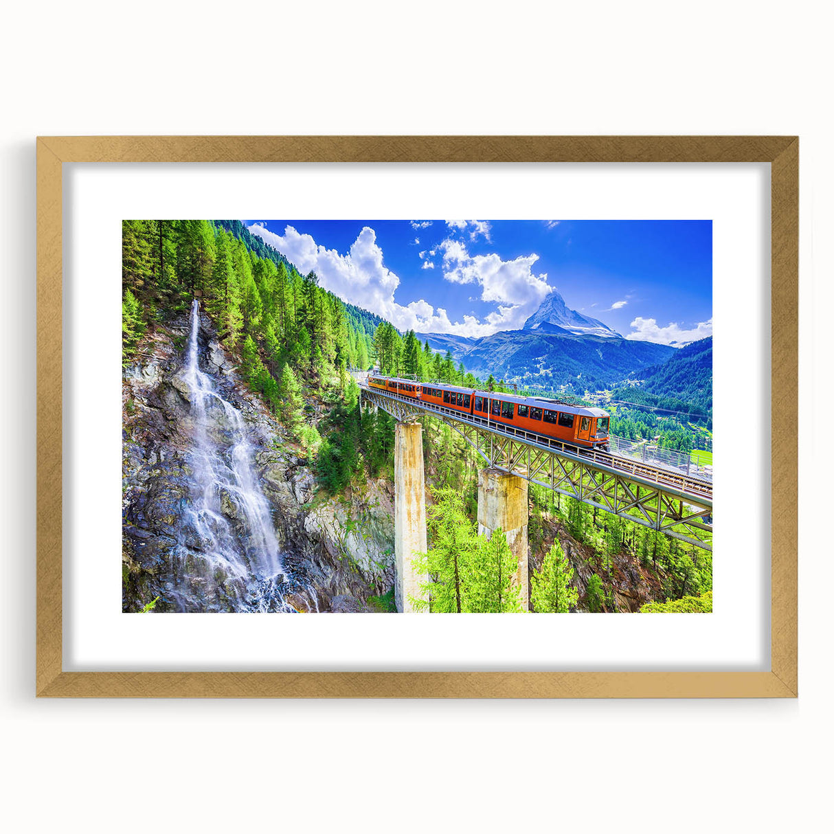 Extra large abstract art print of a stylized train, in textured gold and black, framed with mat, ideal for living room decor.