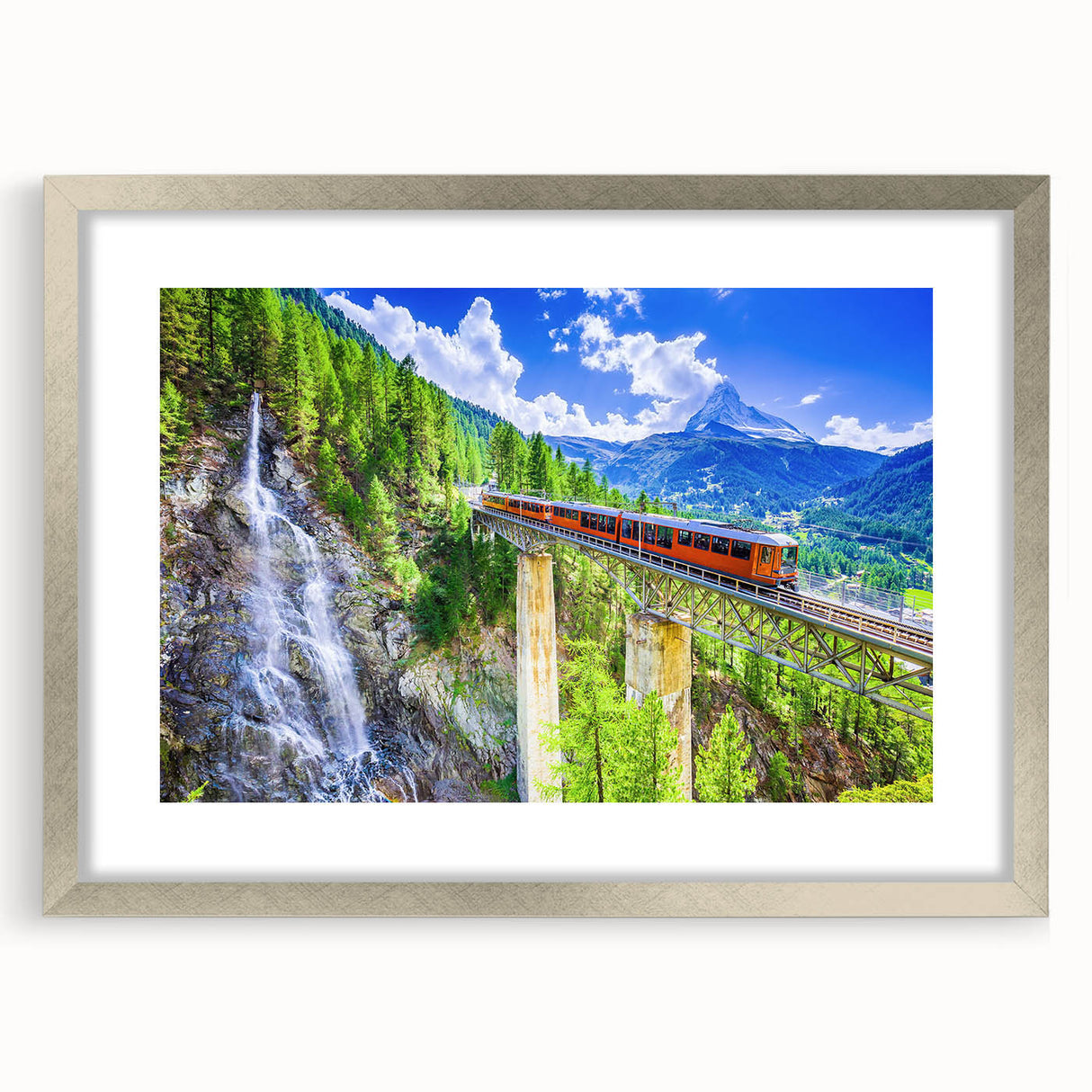 Abstract train motif in textured art on silver-framed canvas, with soft gray and blue palette, suitable for bedroom decor.