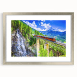 Abstract train motif in textured art on silver-framed canvas, with soft gray and blue palette, suitable for bedroom decor.