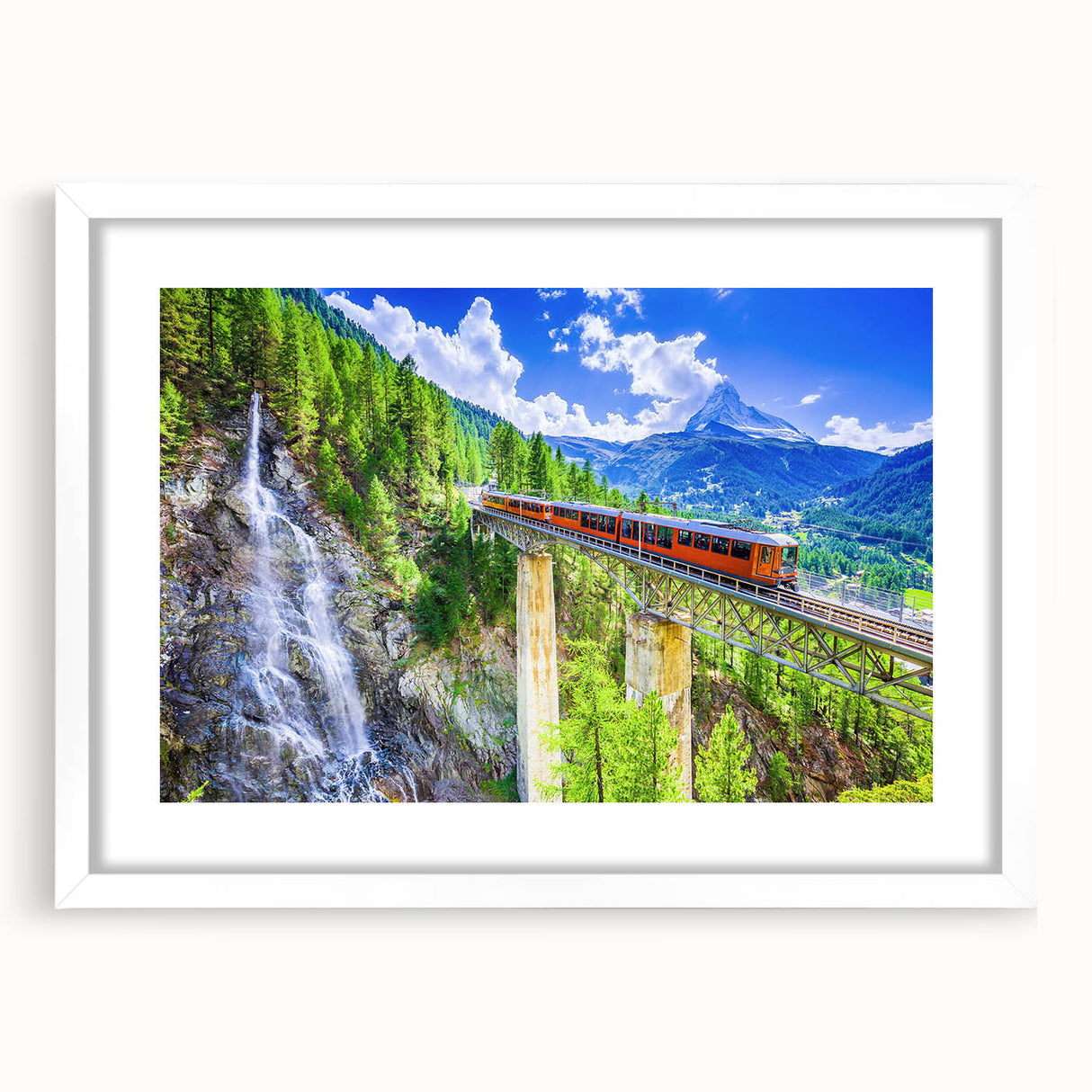 Abstract art print of a stylized train in muted grays and blues on a white framed canvas, ideal for dining room decor.
