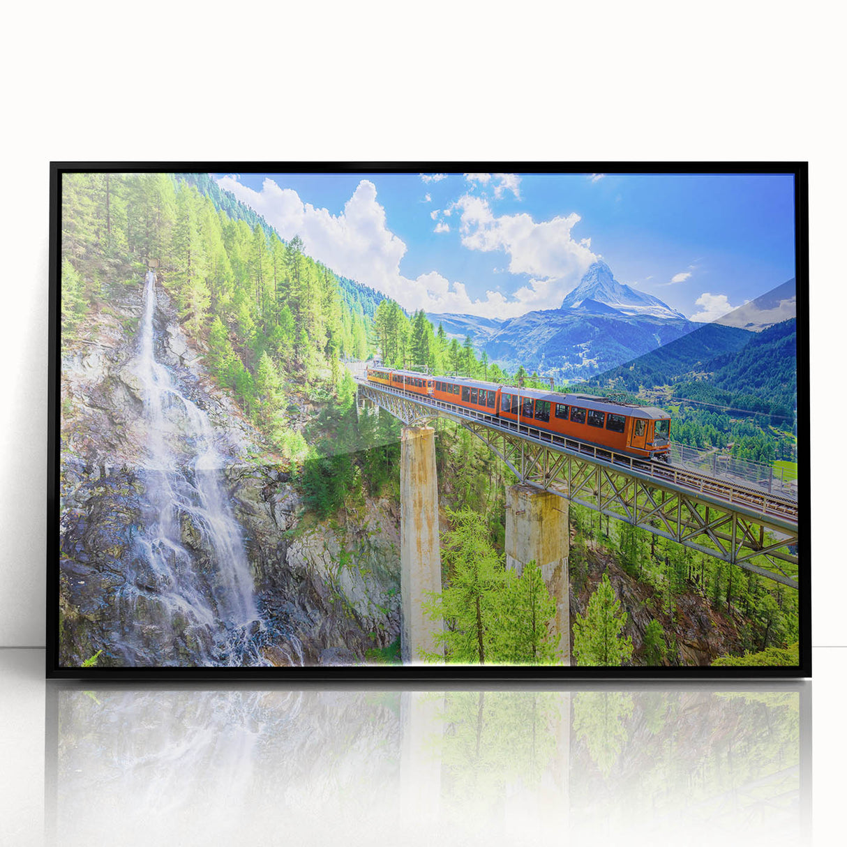 Large abstract wall art print of a train in muted gray and silver tones on framed acrylic.
