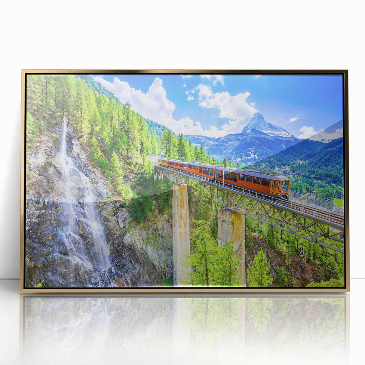 Mid-century modernist train illustration in golden hues on a framed acrylic, suitable for nursery wall art.