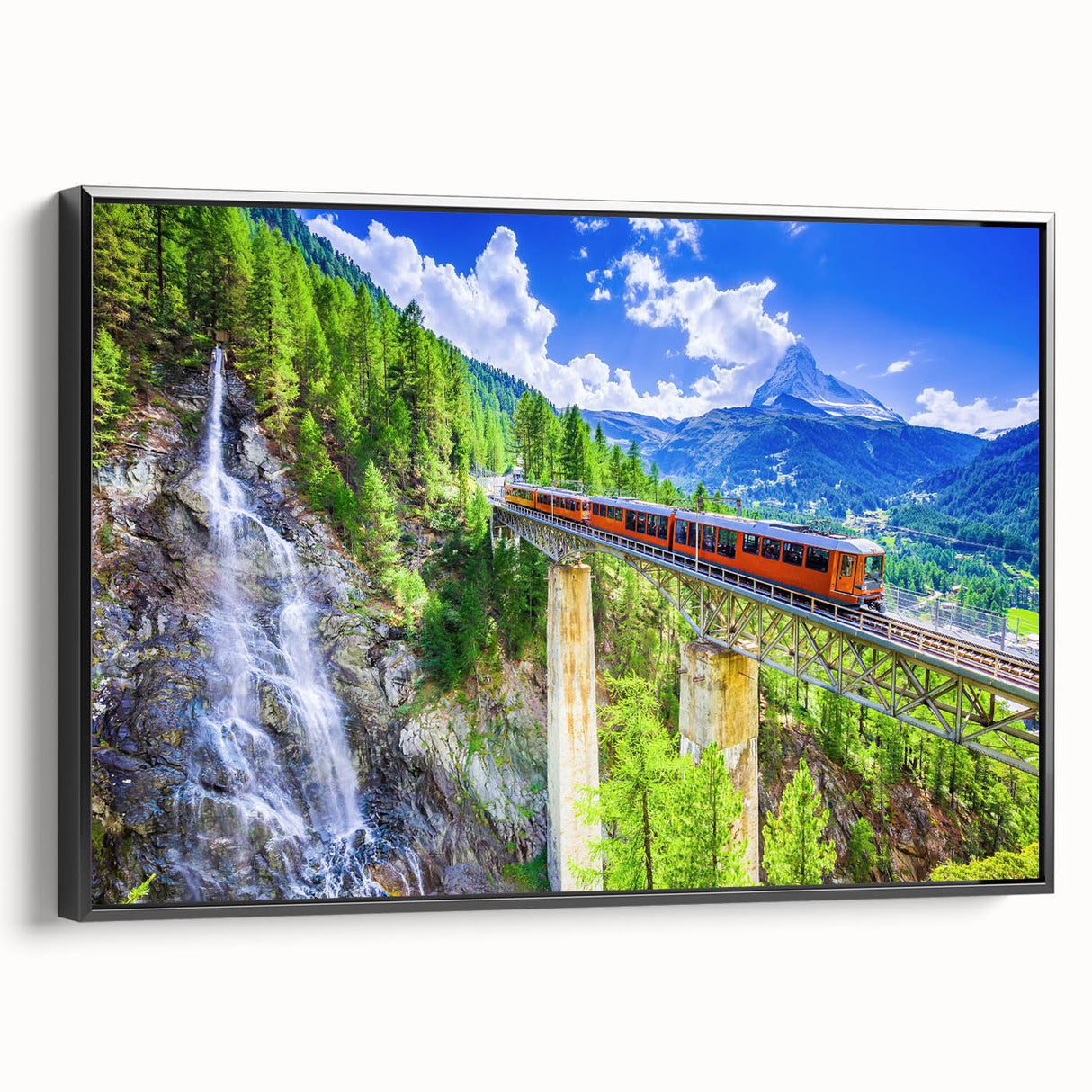 Black and white vintage poster art of a train landscape on framed canvas, suitable for bedroom wall decor.