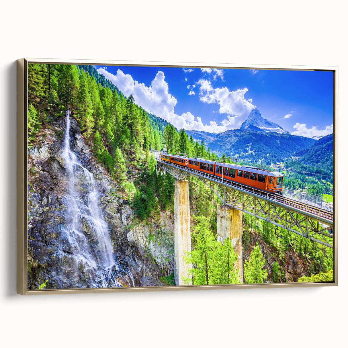 Vintage poster art of a black train in a landscape setting on a framed canvas, ideal for bedroom wall decor.