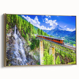 Vintage poster art of a black train in a landscape setting on a framed canvas, ideal for bedroom wall decor.