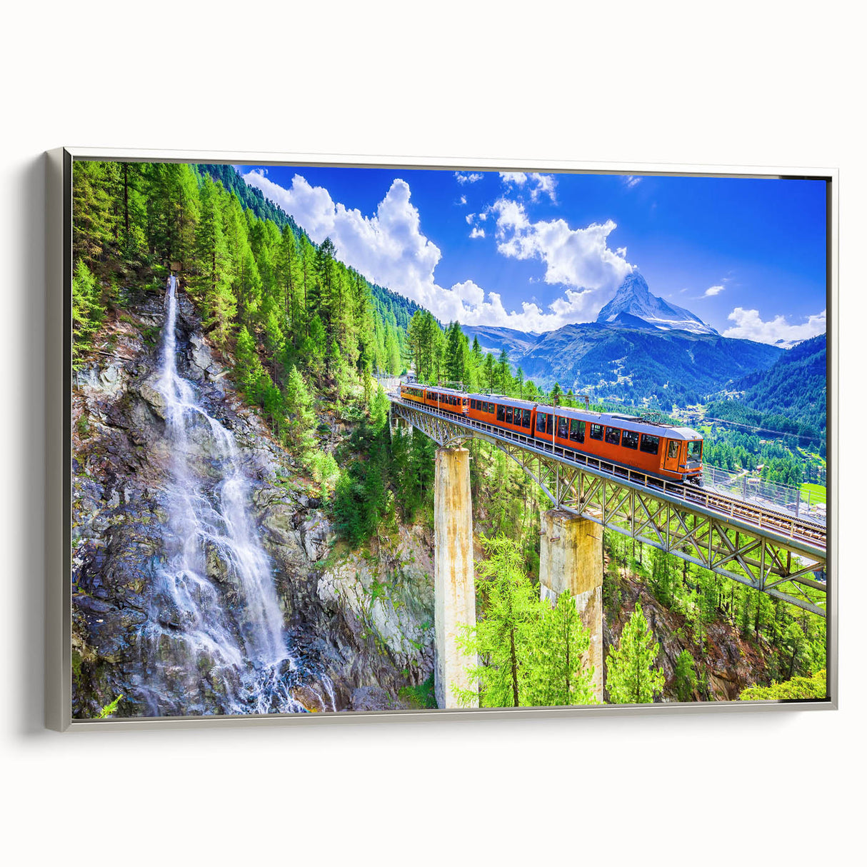 Vintage poster art of a colorful train in motion on a black background, framed canvas, ideal for office decor.