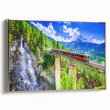 Vintage poster art of a colorful train in motion on a black background, framed canvas, ideal for office decor.