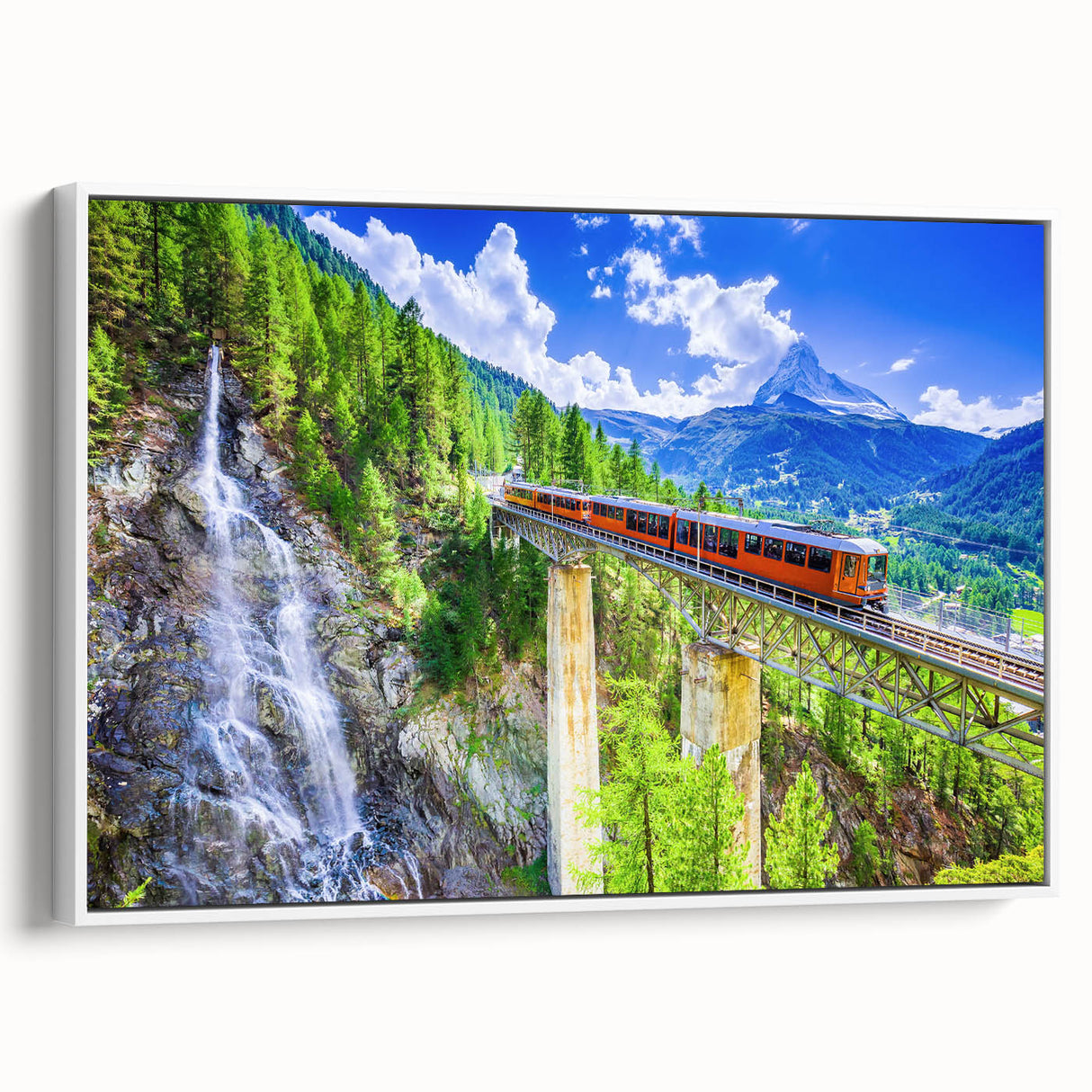 Vintage poster art of a colorful train on a black background, printed on a large framed canvas, ideal for living room decor.