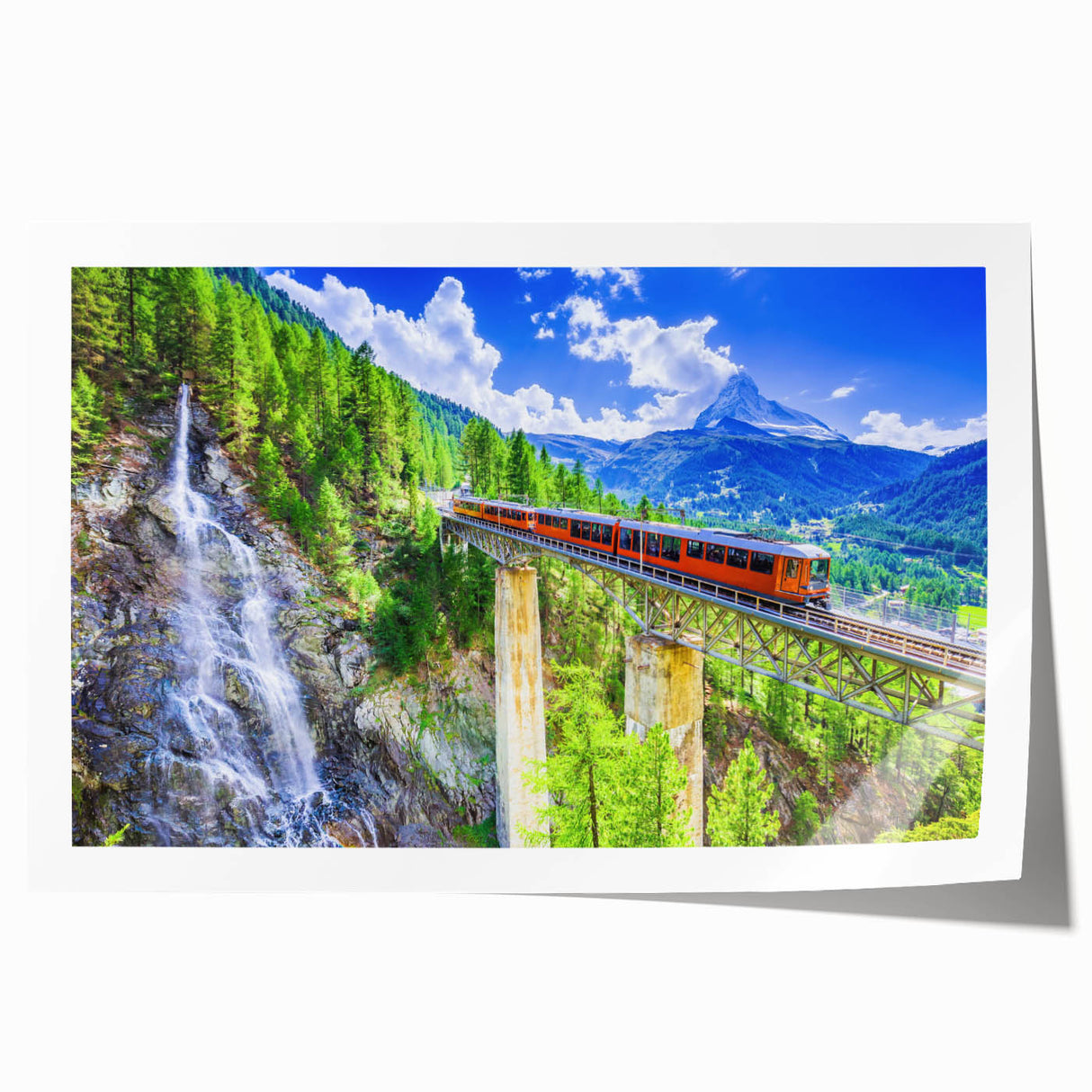 Vintage train illustration in muted browns and grays on a rolled print, suitable for dining room wall decor.
