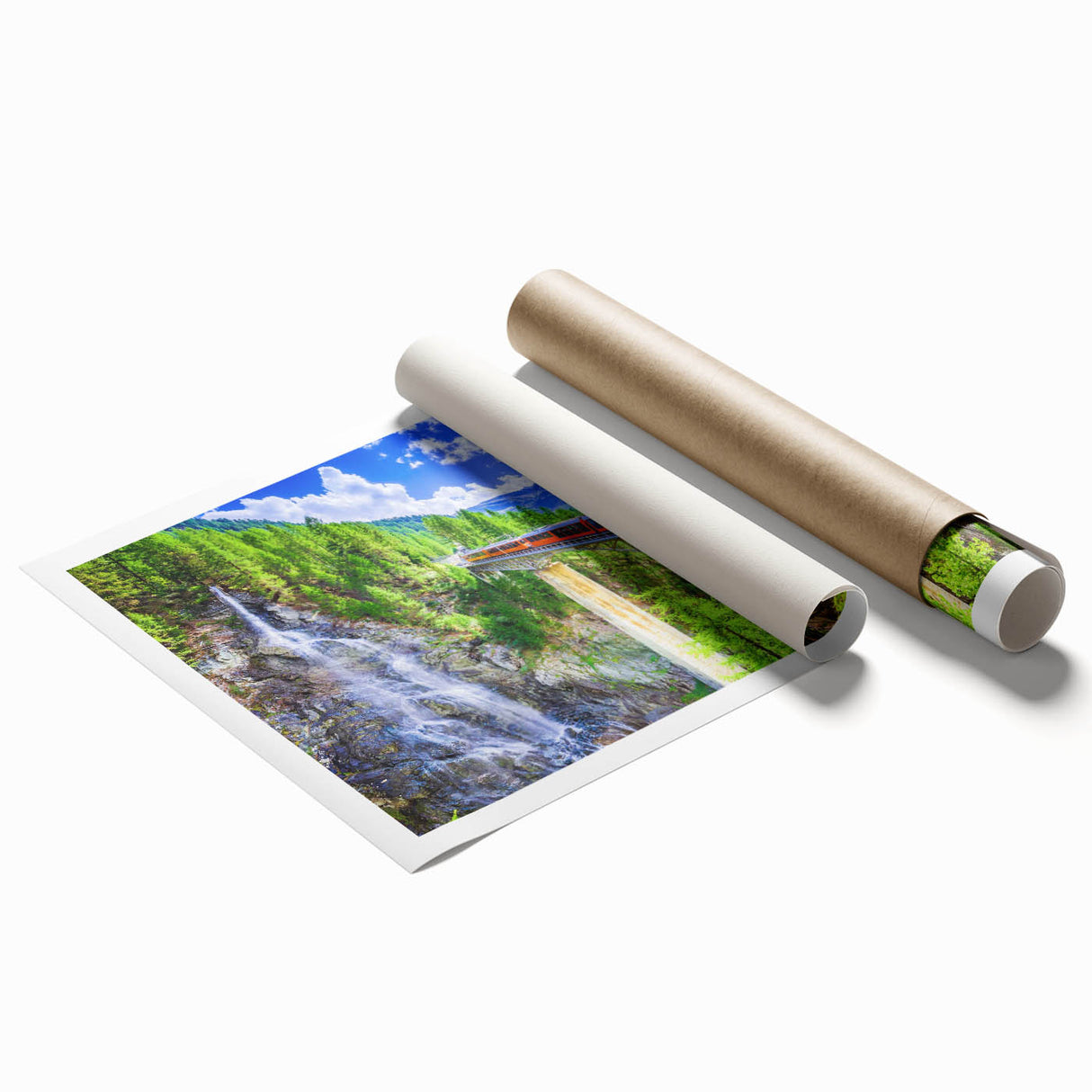 Extra large rolled print featuring a vintage train design in muted earth tones, ideal for classy bathroom wall art.