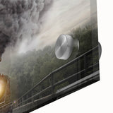 Mid-century modernist style train illustration in muted earth tones on acrylic glass, suitable for dining room art.