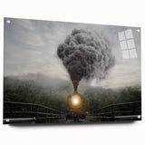 Acrylic print of a side-view abstract train in muted metallic tones, ideal for modern dining room decor.