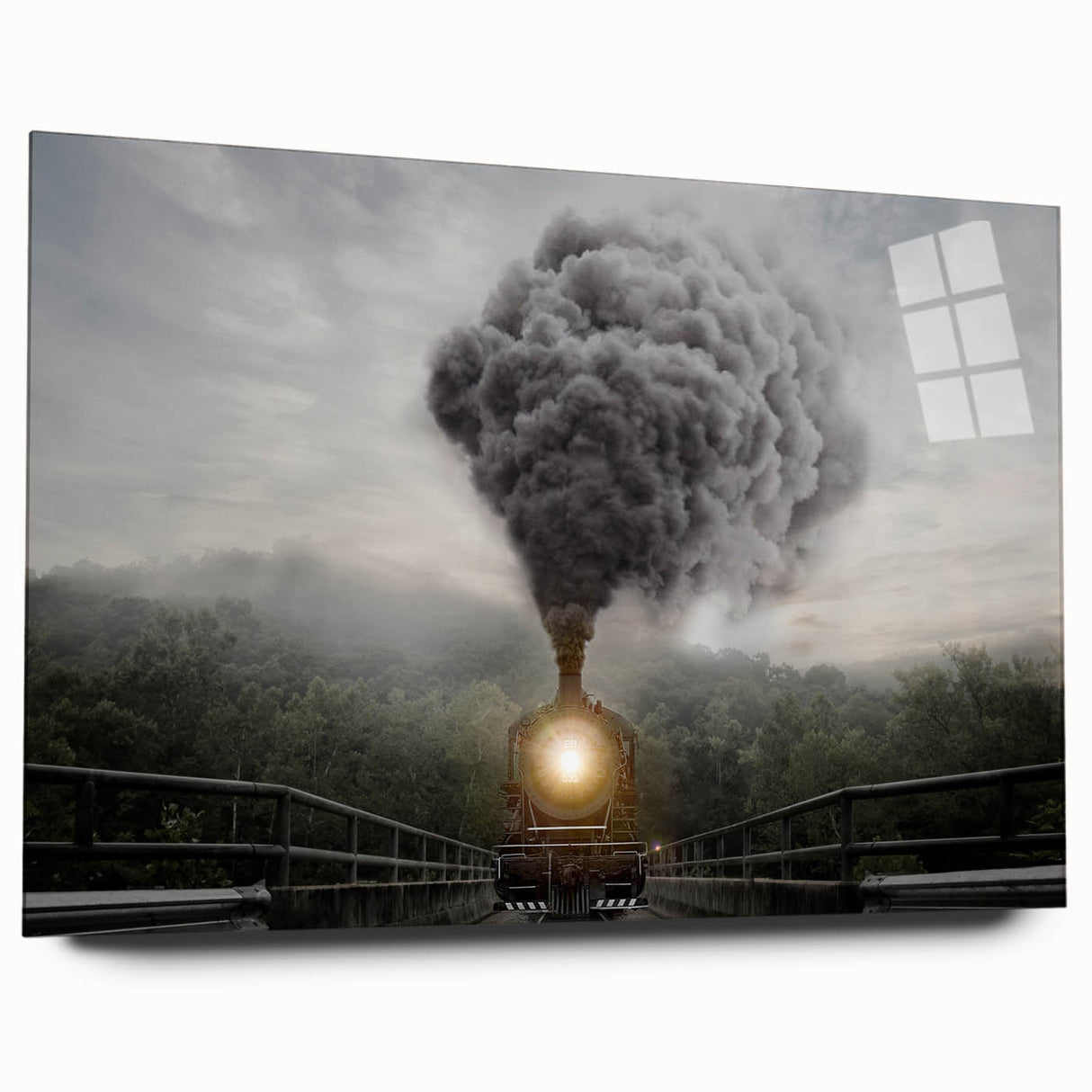 Acrylic print of a large abstract depiction of a train in muted gray and blue tones, suitable for bedroom or dining room art.
