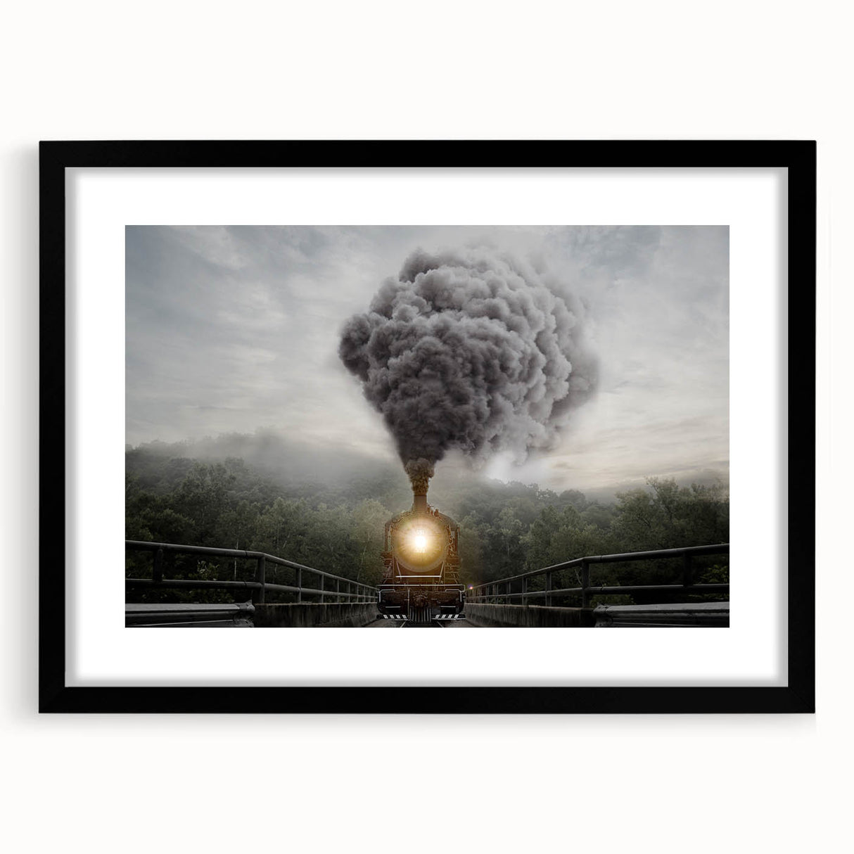 Extra large abstract art print of a colorful, textured train, framed in black, ideal for living room decor.