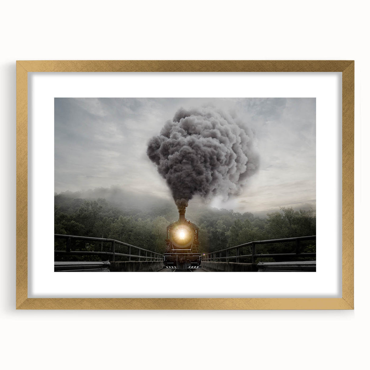 Extra large abstract art print of a train in textured gold and black, framed with a mat, suitable for living room decor.