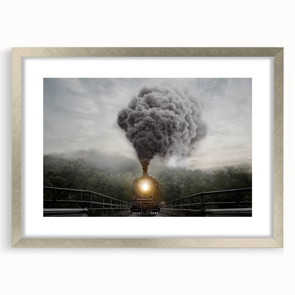 Abstract textured art print of a train in muted gray and silver tones on a framed canvas, suitable for bedroom art.