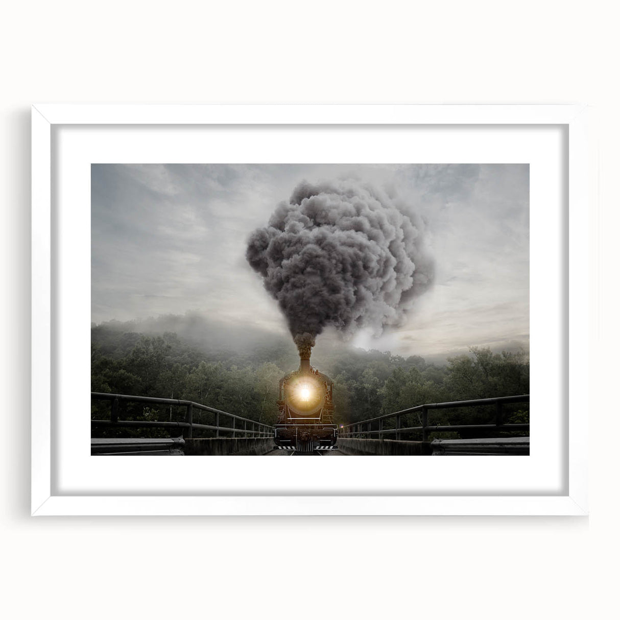 Abstract art print of a stylized train in muted gray and blue tones on a white framed canvas.