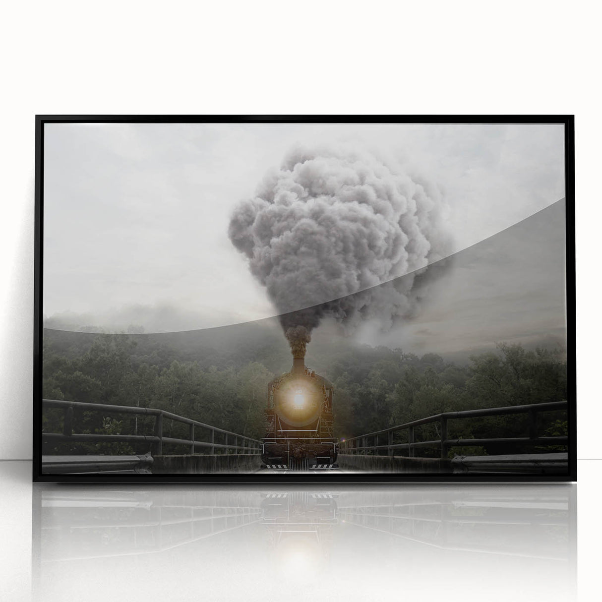 Large abstract wall art of a train in muted grays and blacks, framed acrylic, ideal for modern living room decor.