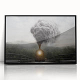 Large abstract wall art of a train in muted grays and blacks, framed acrylic, ideal for modern living room decor.