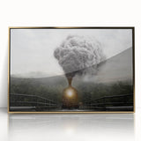 Mid-century modernist train illustration in muted pastel colors on a gold-framed acrylic, ideal for nursery wall art.