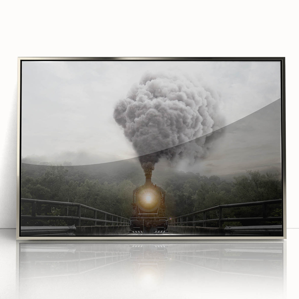 Mid-century modernist art depicting a train in muted gray and silver tones on a framed acrylic, ideal for nursery wall decor.