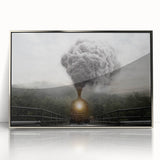 Mid-century modernist art depicting a train in muted gray and silver tones on a framed acrylic, ideal for nursery wall decor.