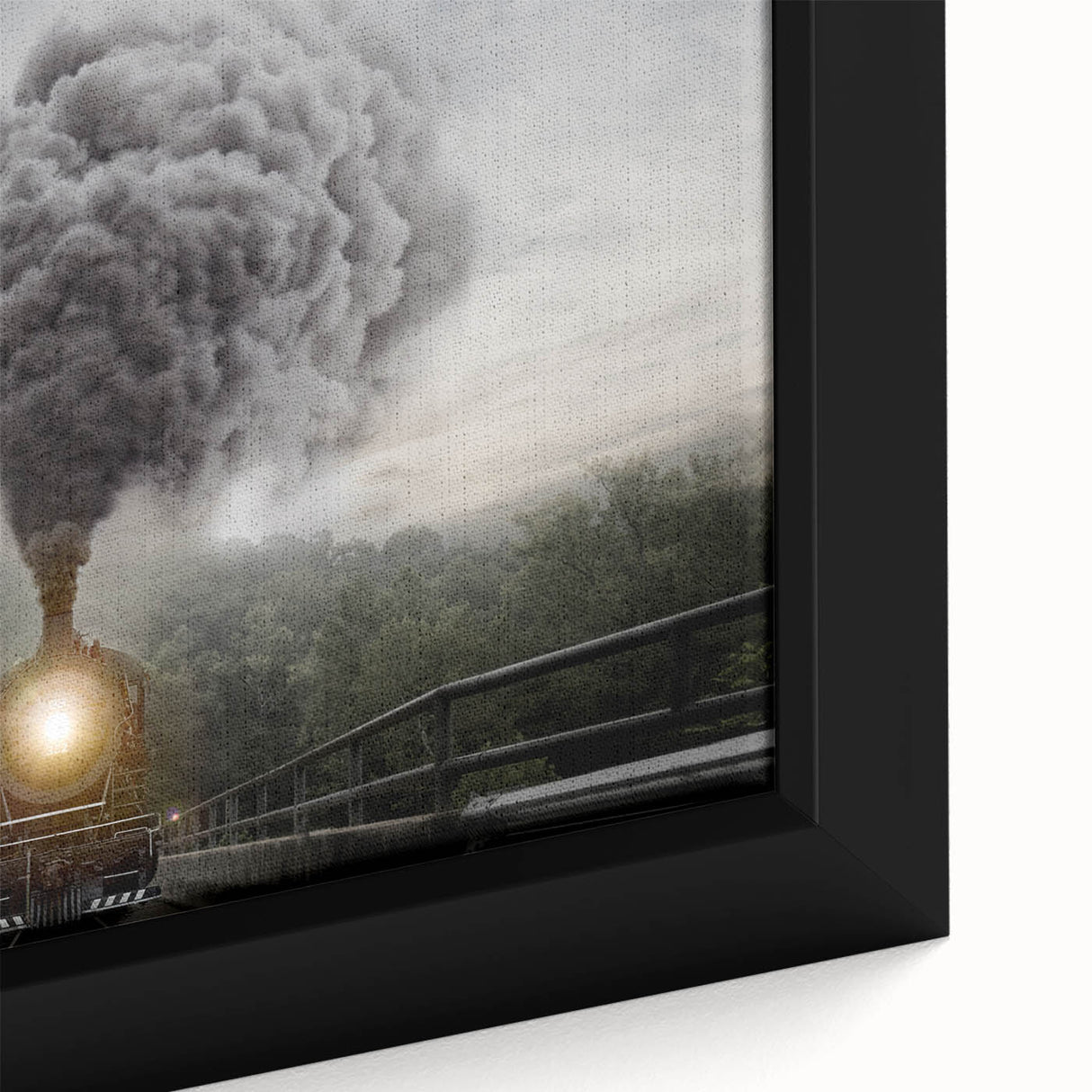 Extra large framed canvas featuring a black, textured train image with colorful accents, ideal for living room decor.