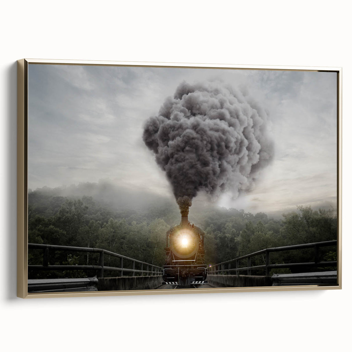Framed canvas featuring a vintage black train on a landscape background, ideal for bedroom wall art.