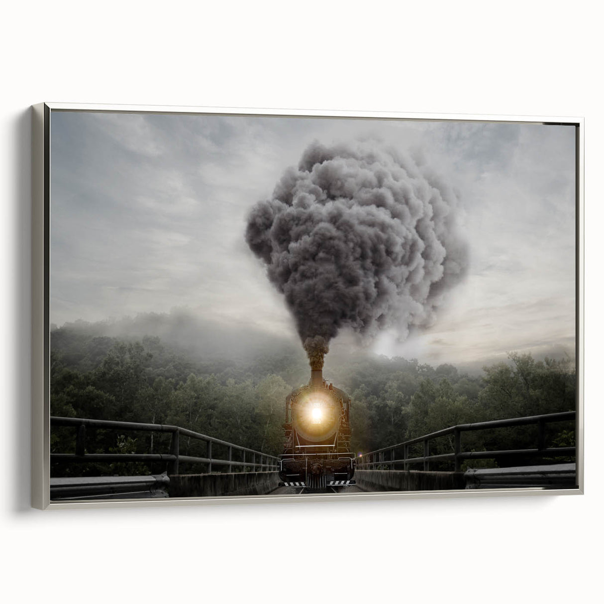 Framed canvas of a vintage train in a colorful landscape, ideal for home office decor.