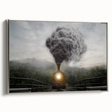 Framed canvas of a vintage train in a colorful landscape, ideal for home office decor.